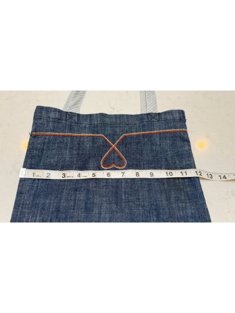 London Jean Heart Stitch Denim Tote Bag Blue Cotton Spandex Casual Carryall